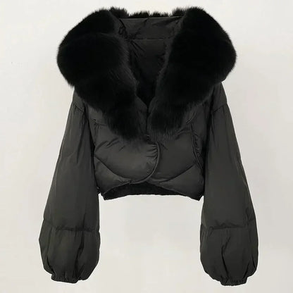 Winter Female White Duck Down Jacket Luxury Loose Short Fashion Casual Women Warm Real Fox Fur Coat Long Sleeve Puffer Jacket