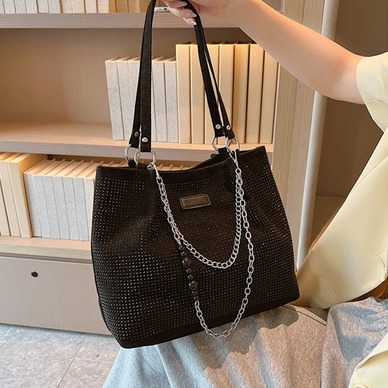 2024 Fashion Women Bling Diamonds Handbag Large Capacity PU Leather Big Totes Designer Female Chain Shoulder Bags Shopping Bags