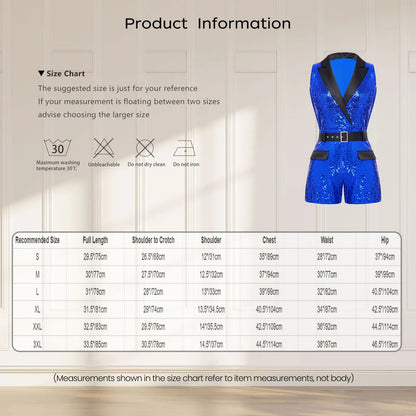 Womens Glittery Sequins Blazer Jumpsuit Lapel Wrap V Neck Sleeveless Rompers with Waist Belt Rave Disco Party Dance Clubwear