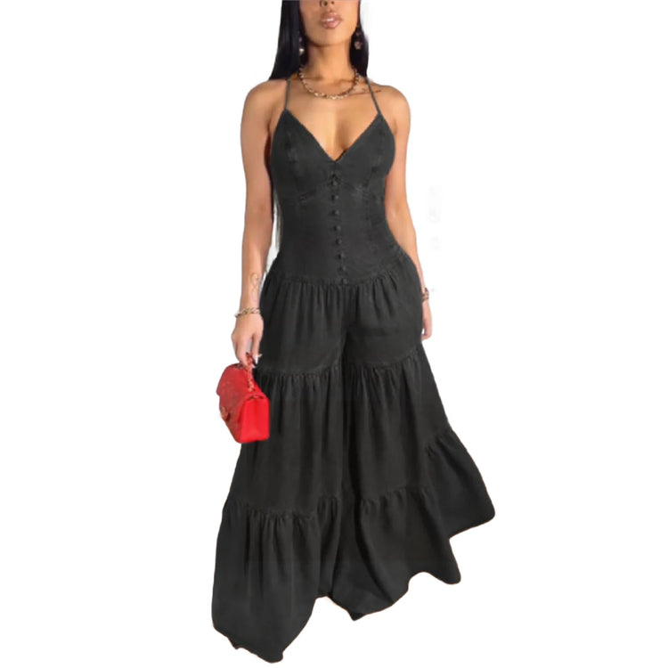 Elegant Jumpsuits for Women 2025 Spring New Plain Elegant Office Lady Loose Ruched Cold Shoulder Hem Wide Leg Jumpsuit Dungarees