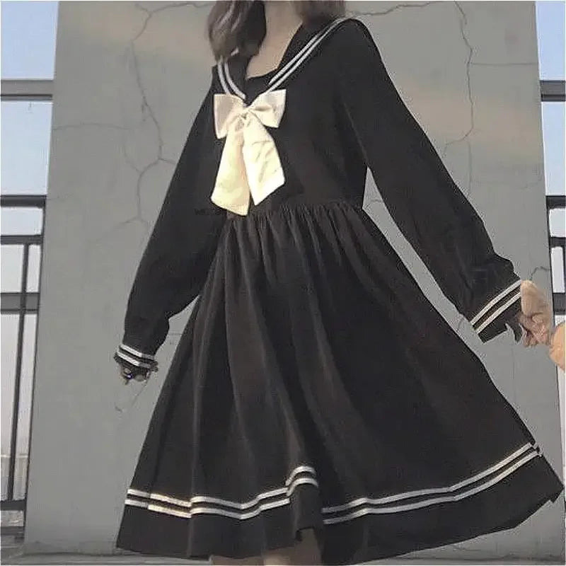 Bow splicing loose A-line fashionable knee length cute empire preparatory style Japanese full set black school uniform