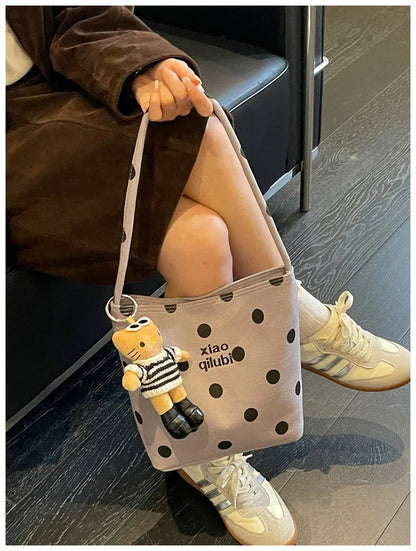 Korean Style Niche Linen Dot Shoulder Bag Women New Fashion Large Capacity Bucket Bag Casual Versatile Commuting Underarm Bag