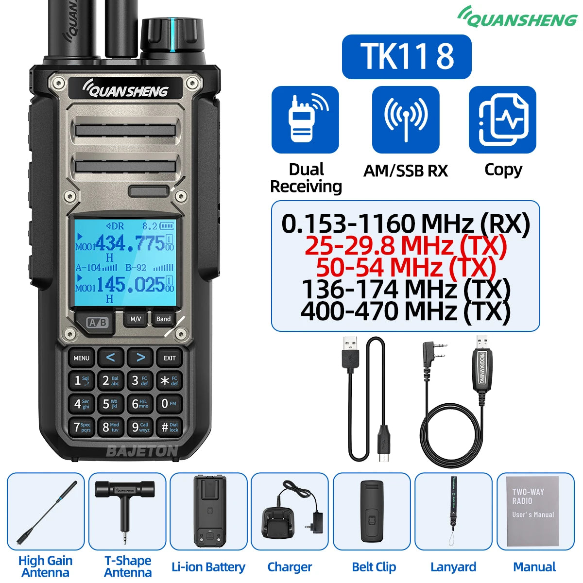 Quansheng TK11 8 Walkie Talkie 10W Dual Receiving PTT AM SSB 27MHz CB CW LSB LW MW SW Type-C NOAA for UV-K5 8 Ham Radio TK-11 5