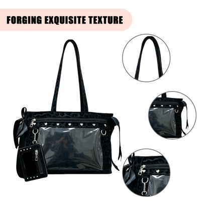 Women PU Leather Leopard Pattern Shoulder Bag with Ita Card Purse Pin Display Ribbon Ita Bags Daily Shopping Dating Shoulder Bag