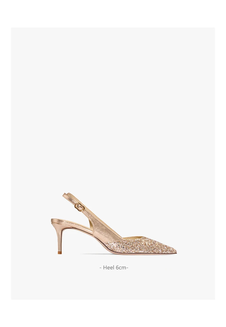2025 New Summer Luxury Heeled Sandals Gold Sequins Back Strap Pointed Toe Stiletto Pumps Elegant Comfortable Prom Women's Shoes