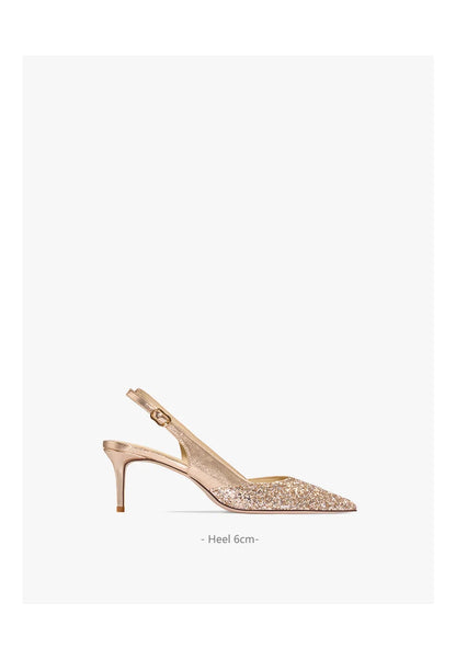 2025 New Summer Luxury Heeled Sandals Gold Sequins Back Strap Pointed Toe Stiletto Pumps Elegant Comfortable Prom Women's Shoes