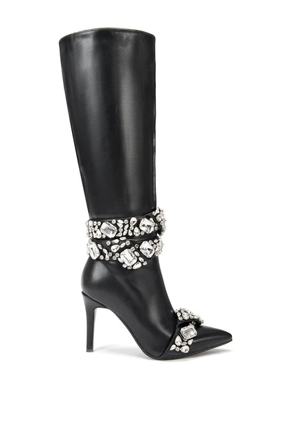 2025 Women's New Pointed Gold Crystal Buckle High Heel Slim Fit Boots Straight Tube Diamond Decoration Knee Long Boots 44