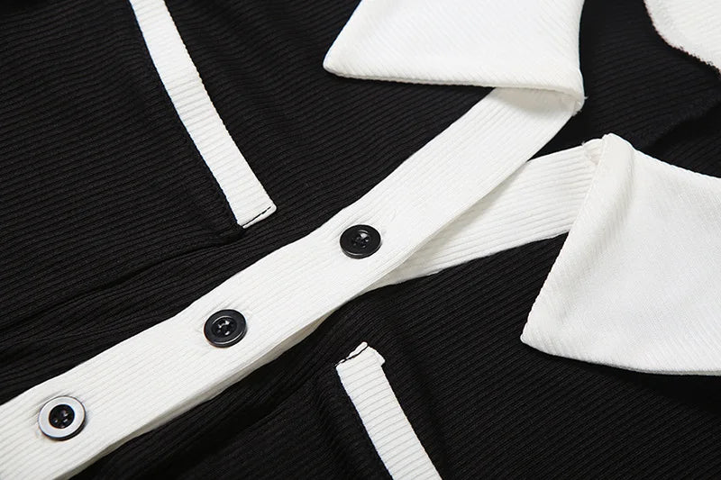 Color Patchwork Ribbed Skinny Playsuits 2025 Autumn Women Fashion Polo-neck Long Sleeve Buttons Slim Casual Rompers Streetwear