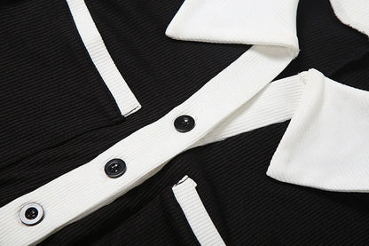 Color Patchwork Ribbed Skinny Playsuits 2025 Autumn Women Fashion Polo-neck Long Sleeve Buttons Slim Casual Rompers Streetwear