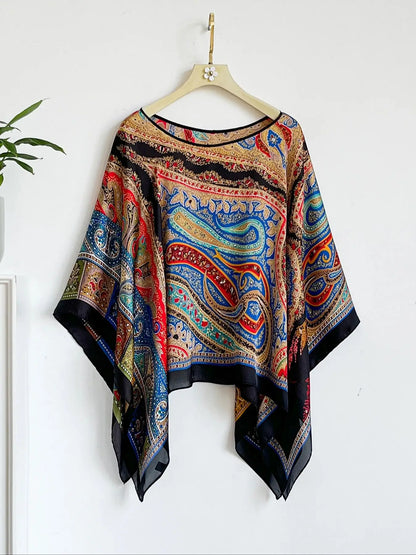 Women's Bohemia Print Chiffon Shawl Summer Beach Sexy Fashion Smock Bikini Cover up Loose Blouse Comfortable Sunscreen Poncho