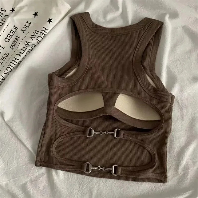 New Women Sports Tank Tops With Bra Pad Casual Crop Tops Backless Knitt Running Camisole For Women Streetwear Tops