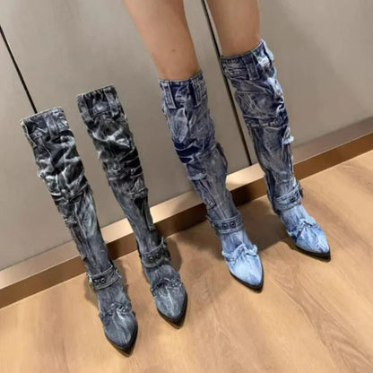 Washable jeans Eyelet Belt Denim Knee Boots Autumn Thin High Heels Side Pocket Frazzle Cowboy Woman Boots Knight Botas Shoes