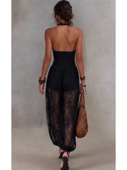 Solid Women Lace Jumpsuits For Spring Summer Sleeveless V-Neck Loose Fashion Streetwear Overalls Pants Trousers 2026
