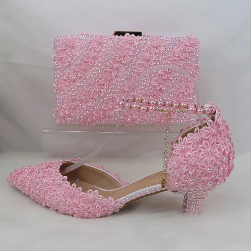 AB Pink Pearl Flower Wedding Shoes With Matching Bags High Heels Pointed Toe Ankle Strap Ladies Party Shoe and Bag Set