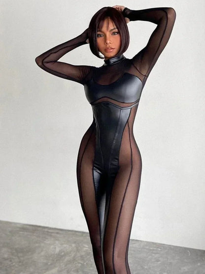 Black Mesh Sheer Bodycon Jumpsuit for Women 2024 Sexy Clubbing Outfits Gothic Punk Black One Piece Techwear C70-EC27
