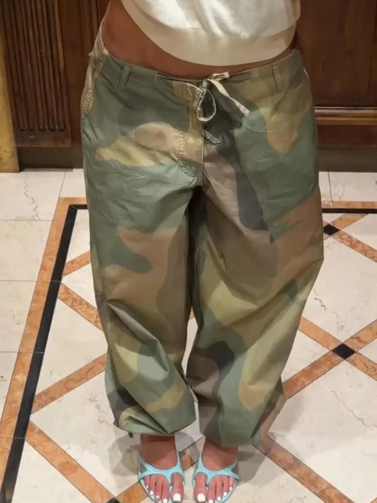 Women Camouflage Cargo Long Pants High Waist Wide Leg Drawstring Hem Baggy Trousers 2026 Autumn Casual Chic Vintage Streetwear