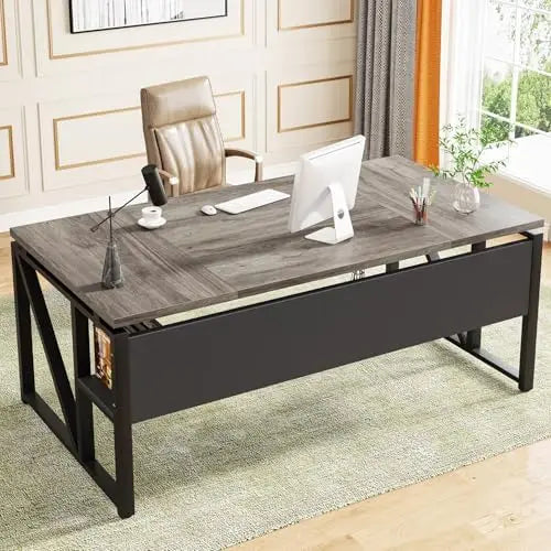 63 inches Computer Desk with Bottom Storage Shelf Home Office Desk Writing Table for Workstation,Dark Walnut + Steel