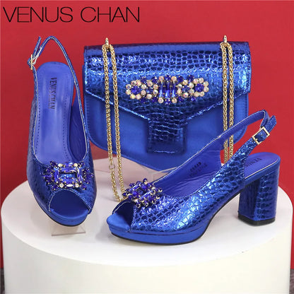 2025 Fashion Open Toe Women Strange Heels Bigger Size Fashion Rhinestone Decoration Purple Shoes And Bag Set Party Bag
