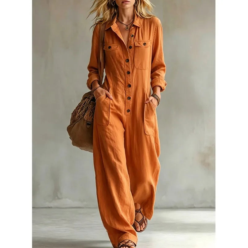Autumn Simple Solid Women's Jumpsuit Fashion Button Half Open Design Loose Lapel Jumpsuits With Pocket Ladies Office Clothing