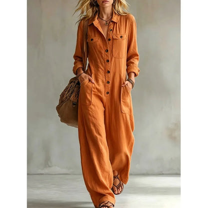 Autumn Simple Solid Women's Jumpsuit Fashion Button Half Open Design Loose Lapel Jumpsuits With Pocket Ladies Office Clothing