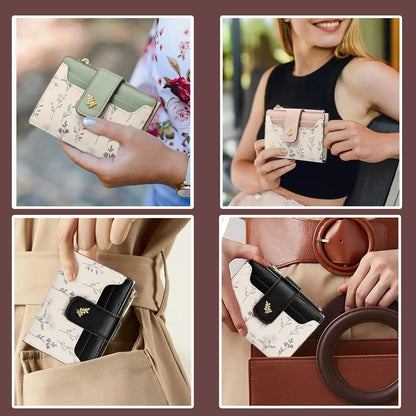 Small Wallets for Women Leather foldable Zipper Pocket Wallet Cute Flower Credit Card Holder Coin Purse with ID Window
