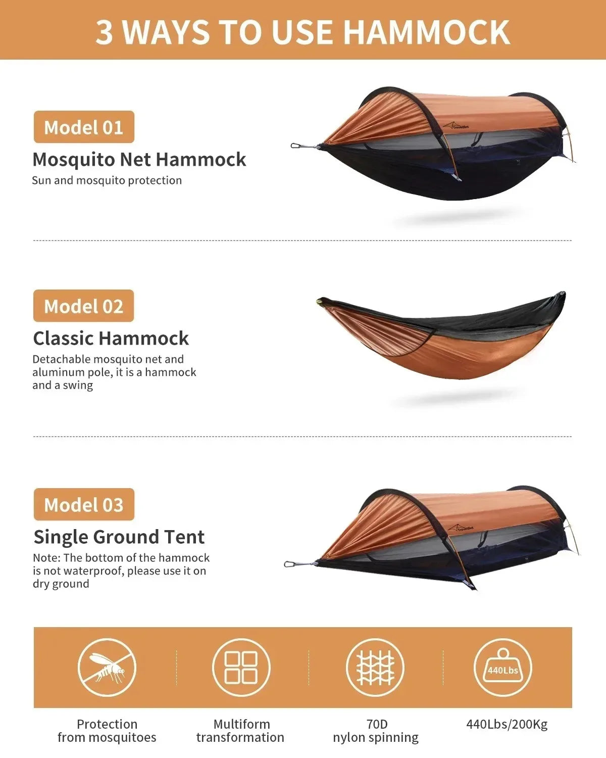 Outdoor Camping Hammock with Sunshade and Mosquito Net Anti-Rollover Single Double Portable Hanging Bed with Bug Net