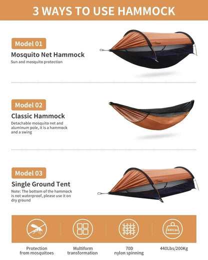 Outdoor Camping Hammock with Sunshade and Mosquito Net Anti-Rollover Single Double Portable Hanging Bed with Bug Net