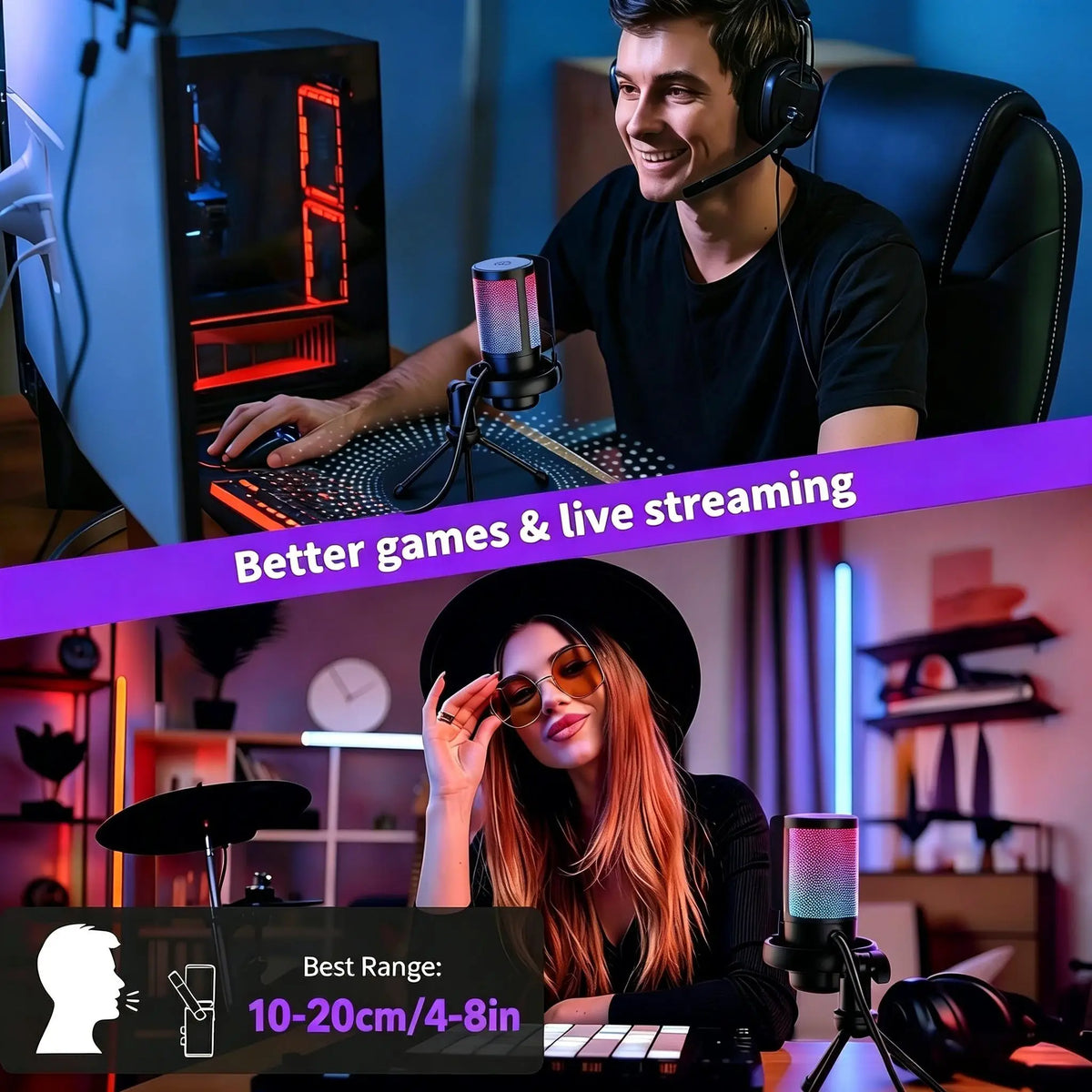 Gaming PC USB Microphone, Podcast Condenser Microphone, Mute Button, Gain Control For Live Chat, RGB PC Microphone For Live Gami