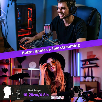 Gaming PC USB Microphone, Podcast Condenser Microphone, Mute Button, Gain Control For Live Chat, RGB PC Microphone For Live Gami