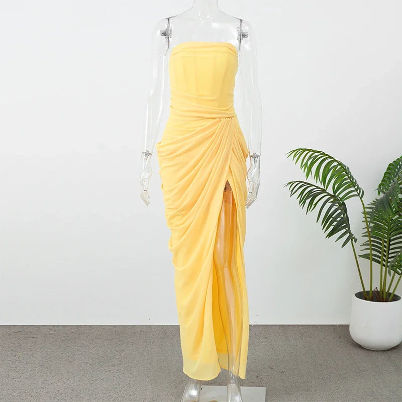 Solid Pleated Strapless Women's Dress Backless Off-shoulder High Waist Split Female Dresses 2026 Sexy Summer Evening Party Gown
