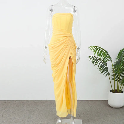 Solid Pleated Strapless Women's Dress Backless Off-shoulder High Waist Split Female Dresses 2026 Sexy Summer Evening Party Gown