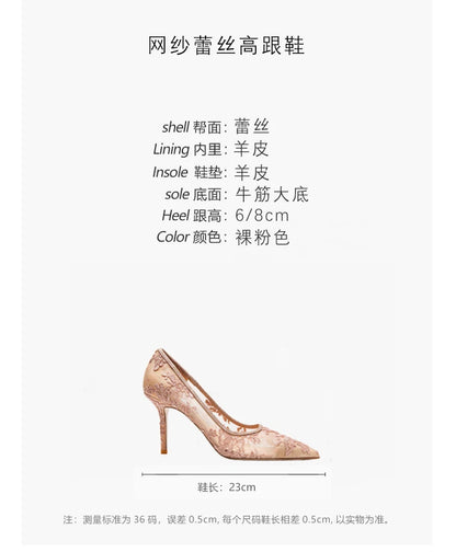 Women heels 2025 pink mesh lace Women's elegant high heels Luxury Brand Shallow Pointed Toe Sexy Pumps Ladies Prom Shoes Women
