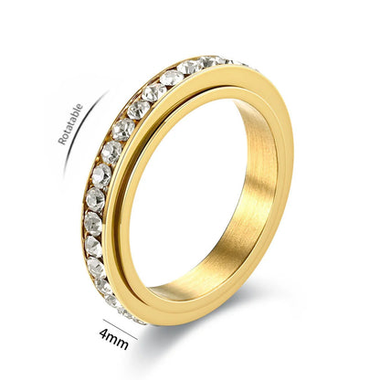 Fidget Anxiety Anti-stress Ring Women's 4mm Gold Silver Color Stainless Steel Crystal Rotatable Spinner Rings for Woman Jewelry