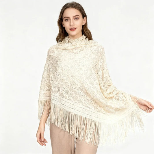 Versatile 140×140cm Lace Shawl Elegant Hollowed-out Design Knitted Shawl Breathable Tassel Shawl for Women