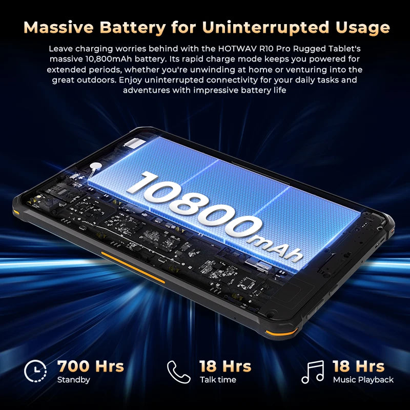 HOTWAV R10 Pro Rugged Tablet 10800mAh Massive Battery 10.1'' HD+ Display Octa-core Pad Android 14 8GB/16GB Expansion RAM 256GB ROM 13MP + 5MP Camera 4G Global Tablet PC