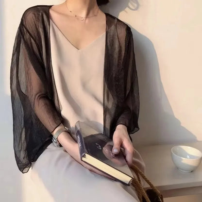 Casual Crinkle Women Cardigan Loose Chiffon Short Shawl See Through Transparent Thin Section Top Small Jacket