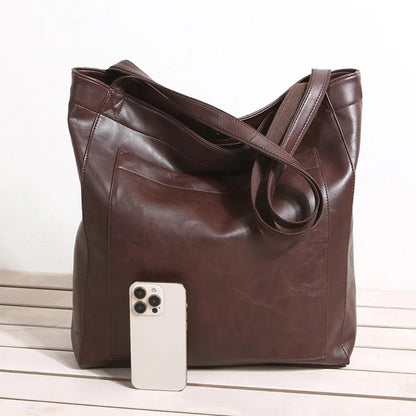 High Quality Oil Skin Leather Bucket Hand Bags for Women Female Shoulder Top-Handle Bag Luxury Handbas Women Large Commute Bags