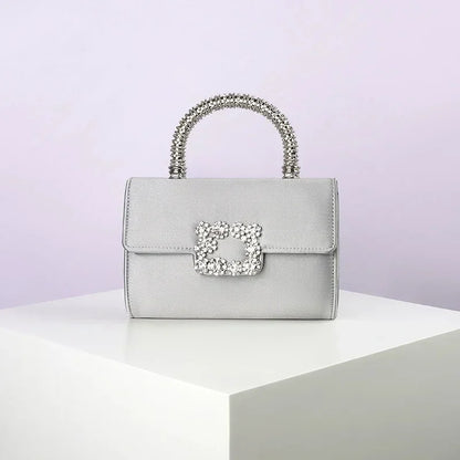 Rhinestone Faux Silk Emerald Evening Bag Silver Diamond Buckle Handle Fashion Handbags Elegant Ladies Square Bolsa Feminina