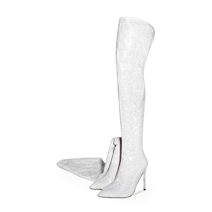 Silver Black Rhinestone 12cm High Heel Long Boots New Fashion Show Shiny Diamond Pointed Women's Over The Knee Boots Size 34-46