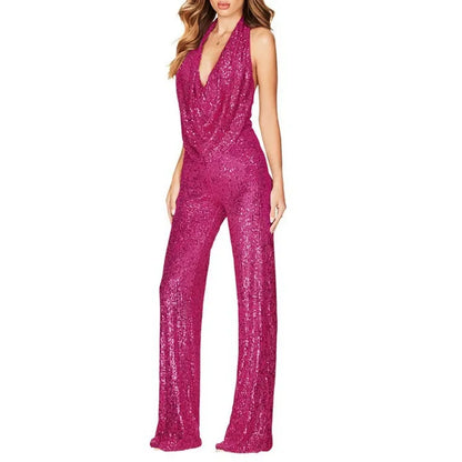Sequins Sexy Jumpsuits Women Halter Fashion Summer Party Elegant Sleeveless Female New High Waist Street Straight Rompers