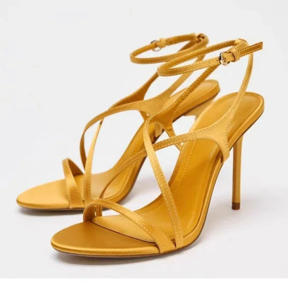 Luxury Satin High Heels Women Cross Strap Naked Strap Elegant Designer Sandals Women Pumps Sexy Banquet Dress Shoes Ladies