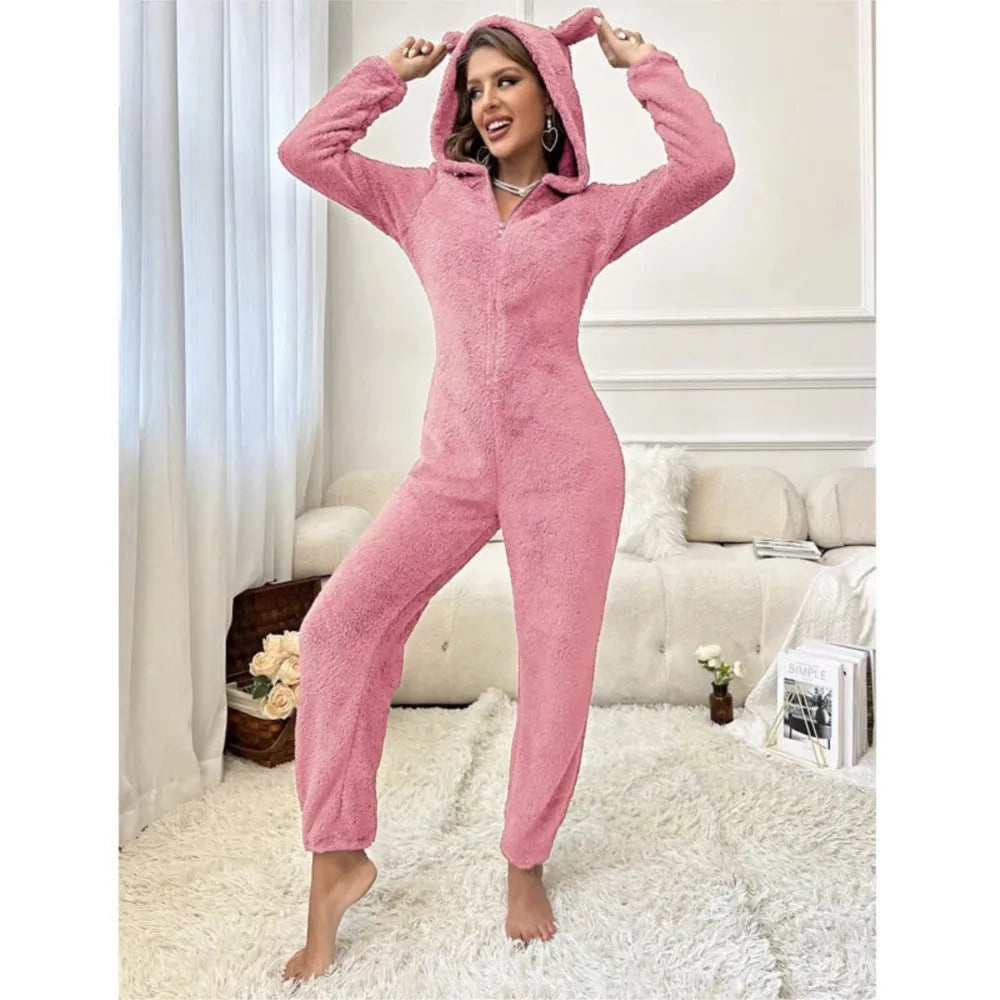 Fashion Plush Ear Hooded One-piece Pajamas Women Autumn Winter New V-neck Long-sleeved Loose Casual Trousers Home Wear Jumpsuits