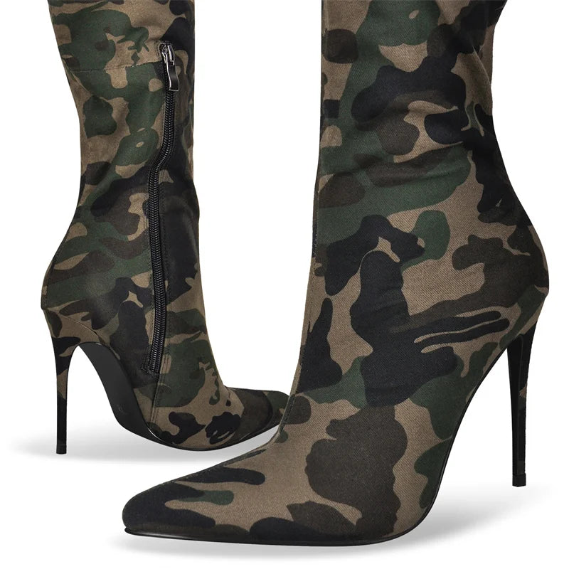 Onlymaker Womens Mixed Colors  CamouflageOver The Knee Boots Thin Heel Pointy Colorful Print  Thigh High Boots