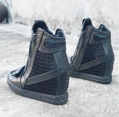 Mesh Net Height Increasing Ankle Boot 8CM Round Toe Hook Loop Leisure Shoes Zipper Rubber Sole Wedge Shoes Black White
