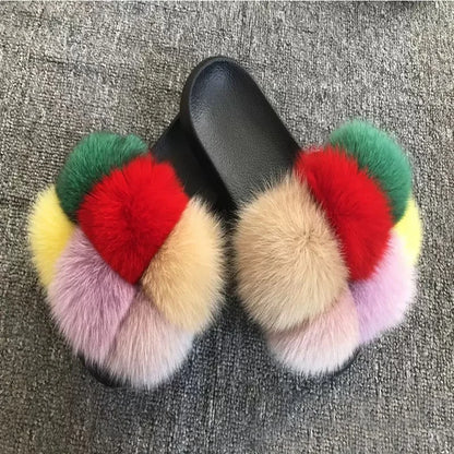 Natural Fox Fur Slippers, Fashionable Outdoor Multi-Color Animal Hair Slippers, Women's Gifts, Soft EVA Sole Slippers, On Trend