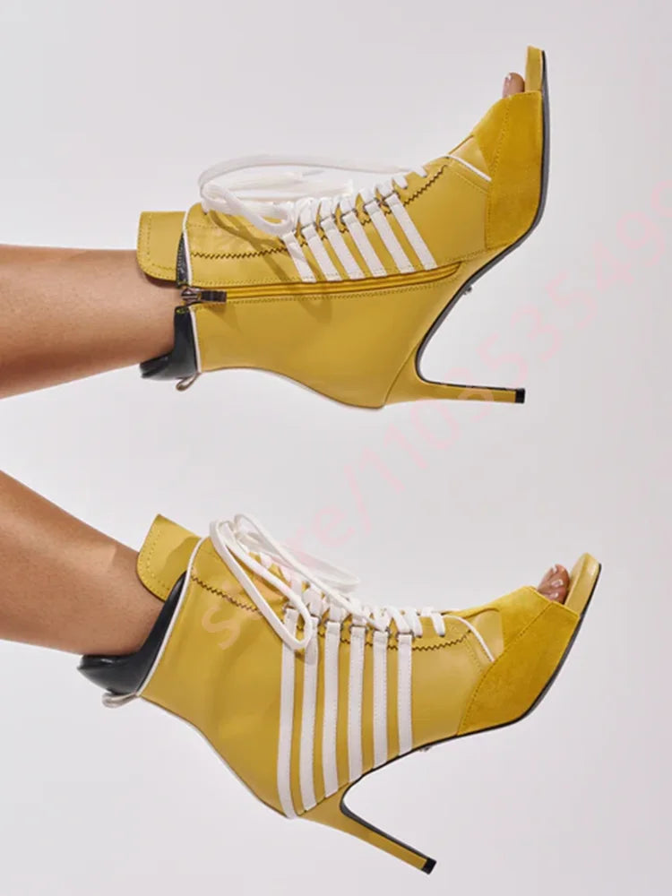 2026 Summer New Style Striped Peep Toe Ankle Boots Women Front Lace Up Thin Stiletto High Heel Fashion Streetwear Booties