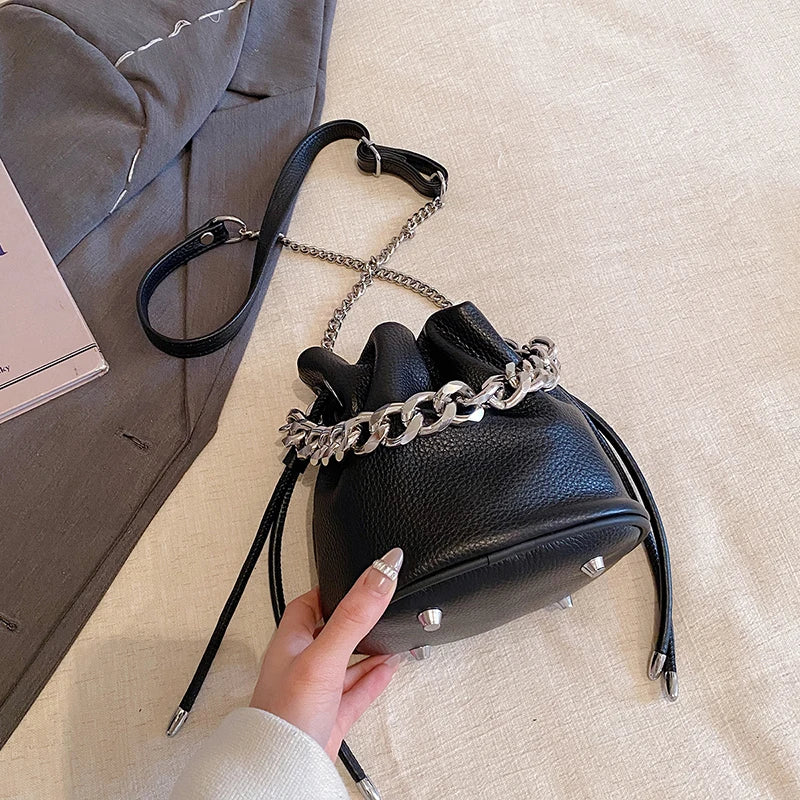 100% Genuine Leather Women Shoulder Crossbody Bags High Quality Solid Color Cow Leather Bucket Handbag Luxury Female Sac