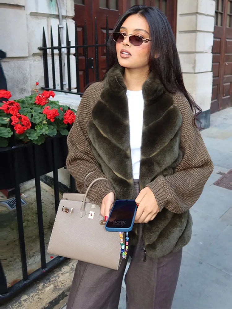 Knit Long Sleeve Faux Fur Patchwork Jacket Coat Women Zipper 20256Winter Fashion Warm Female Cardigans Commute Lady Outwear Tops