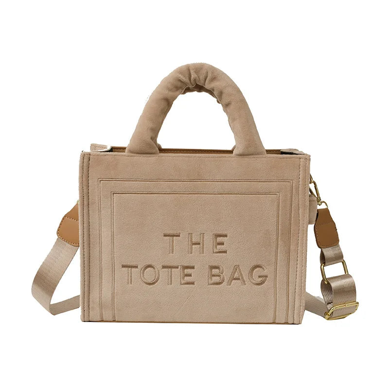 Women's Khaki Velour Tote Bag Original Letter Print Medium Ladies Shopper Handbag Female Square Medium Shoulder Bags