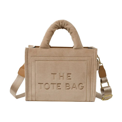 Women's Khaki Velour Tote Bag Original Letter Print Medium Ladies Shopper Handbag Female Square Medium Shoulder Bags